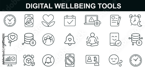 Digital Wellbeing Tools Icon Set for Mindful Tech Use, Wellness, and Lifestyle UI Design