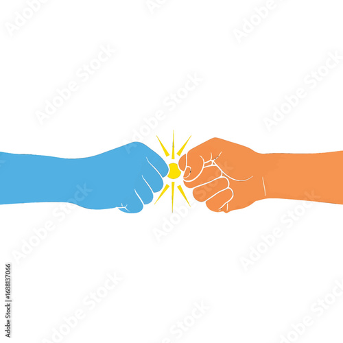 Illustrated Blue and Orange Fists Bumping with Golden Sparkles on White Background Graphic Resource for Adobe Stock