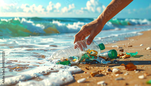 A close-up shot of a hand picking up a plastic bottle and other trash from a sandy beach with gentle waves. The image highlights the important effort of cleaning up marine pollution and promoting. 