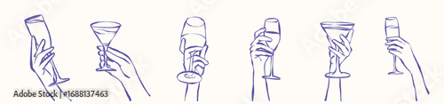 Vector doodle hand poses holding glass of wine and champagne in minimal line style illustration for elegant celebration, party toast, elegant lifestyle, social drinking or festive moment