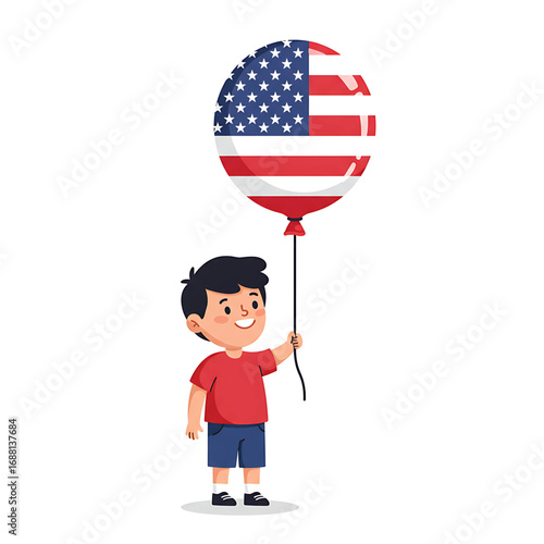 Happy Boy Holding American Flag Balloon 4th of July Illustration