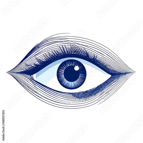 Eye Engraving Illustration with Intricate Hatching Detail in Blue and White Aesthetic Open Eye with Detailed Eyelashes and Eyeball Graphic Design