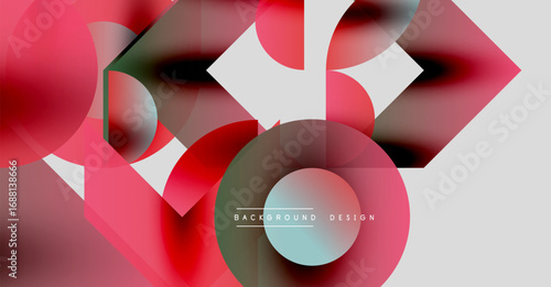 Abstract geometric shapes, vibrant pinks, whites dominate composition. Circular forms intersect, creating dynamic visual effect. Modern design.