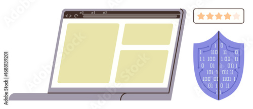 Open laptop screen with site interface, blue shield with binary code, five-star rating. Ideal for cybersecurity, data protection, online trust, privacy, website safety, user reviews simple flat