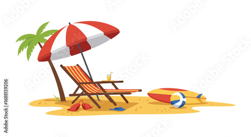 beach scene with umbrella chair ball and palm tree