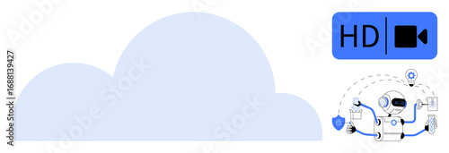 Robot interacts with cloud computing, high-definition video, and secure file sharing. Ideal for AI, automation, cloud storage, data security, innovation multimedia technology concepts. Simple flat