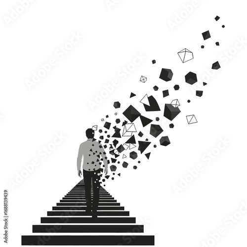 Monochrome Image of Man Ascending Staircase Disintegrating into Geometric Shapes Against White Background Under Bright Lighting