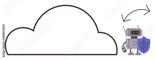 Cloud outline with arrows indicating data transfer and a robot holding a shield for cyber protection. Ideal for tech, AI, automation, cybersecurity, cloud storage, data systems, simple flat metaphor