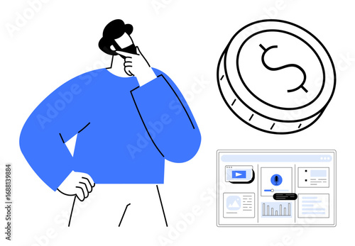 Man contemplating financial decisions with a large coin icon and a digital dashboard displaying charts, videos, and data. Ideal for finance, planning, analysis, strategy, data-driven decision-making