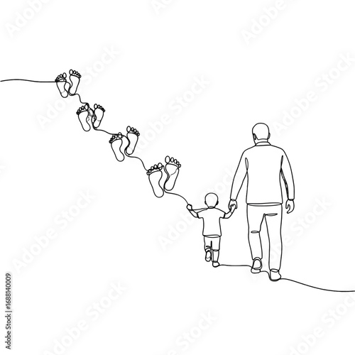 Father and Son Walking Together Illustration with Footprints in Black and White Line Art Style