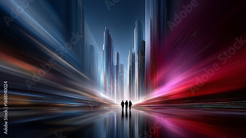 Wallpaper Mural Businesspeople striding through gleaming futuristic cityscape, blurred motion conveying rapid technological advancement and corporate momentum Torontodigital.ca