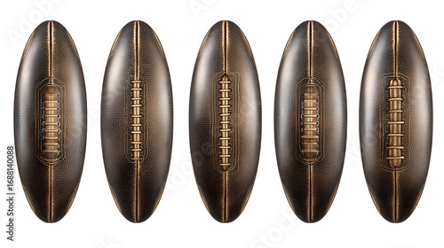 Five American footballs in a row transparent PNG isolated background