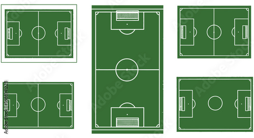various soccer field layouts shown in different angles