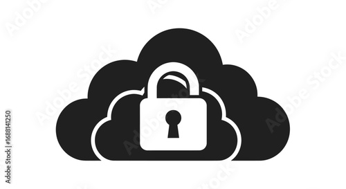 Black cloud icon with white padlock symbol for data security.