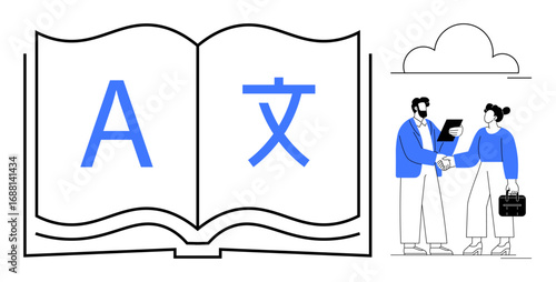 Open book displaying multilingual text, business professionals collaborating and shaking hands. Ideal for language learning, translation services, global communication, cultural exchange, corporate