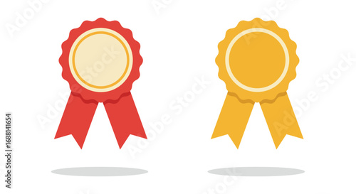 two colorful ribbons with shiny badges hanging down