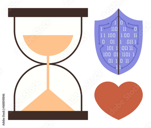 Hourglass measuring time, shield featuring binary code for data security, and heart symbolizing emotions. Ideal for themes thumbs up time management, cybersecurity, love, balance, safety, life