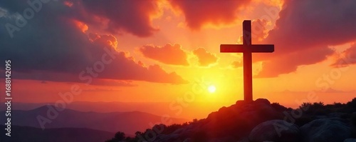 Silhouette of a cross at sunset, signifying hope, faith, and redemption in the Christian belief of salvation A powerful image of spiritual peace and the promise of eternal life , ascension, jesus