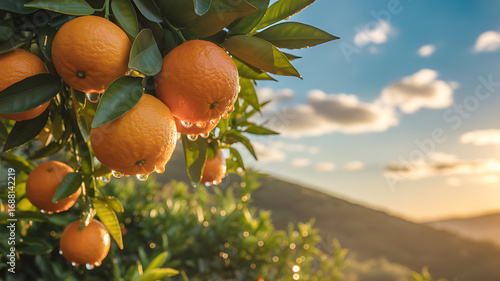A close-up of ripe oranges with water droplets hanging from a branch in an orchard.