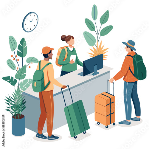 Vector art of travelers checking in at a hotel reception desk, man with luggage, vector illustration, front view