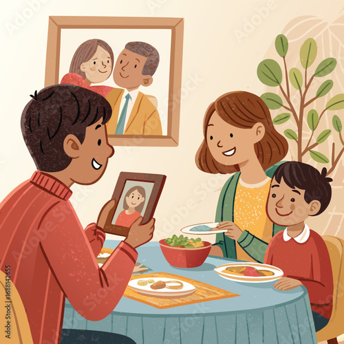 Vector art of a happy family is sitting around the table, enjoying a meal together and looking at old family photos, creating a warm and nostalgic atmosphere