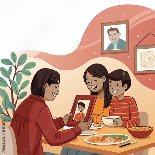 Vector art of a family is sitting around the table, enjoying a meal and looking at old family photos, creating a warm and nostalgic atmosphere at home