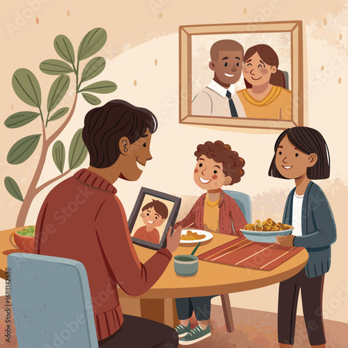 Vector art of a family is gathered around the table, sharing a meal and looking at a photo album, reminiscing about old times and creating new memories