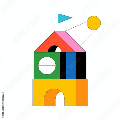 This image displays a playful structure made from colorful building blocks, topped with a small flag, representing creativity, playfulness, and childhood imagination.