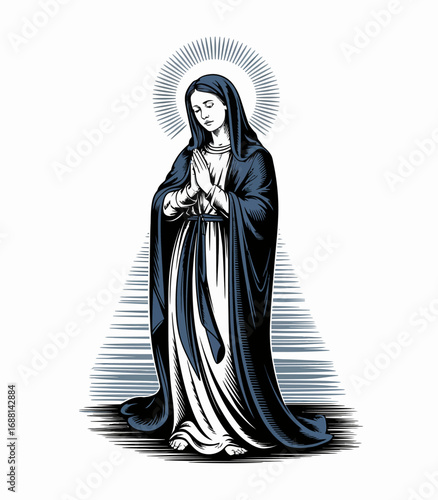 A serene Virgin Mary in a praying pose, draped in a flowing gown, depicted with a radiant halo, symbolizing grace and holiness while embodying deep spiritual significance.