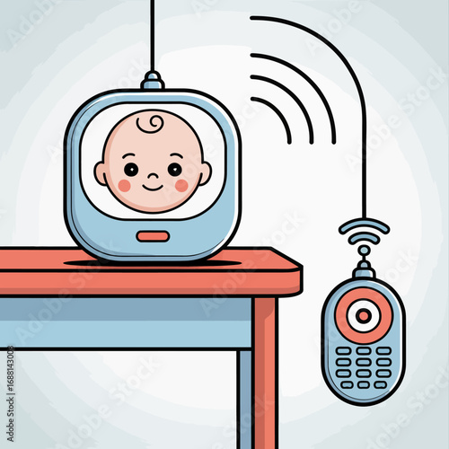 A cute baby monitor displaying a smiling baby face showcases modern technology for parenting, keeping parents connected with their little ones from afar.