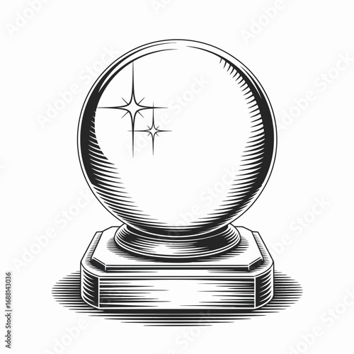 This elegant crystal ball sits atop a decorative base, glimmering with reflections, symbolizing mystique and the art of fortune telling, perfect for those intrigued by the future.