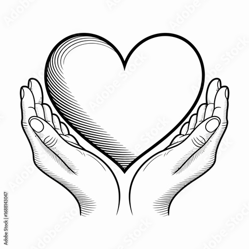 This expressive image features two hands gently cradling a heart, symbolizing love, compassion, and care, emanating warmth and representing the essence of human connection and tenderness.