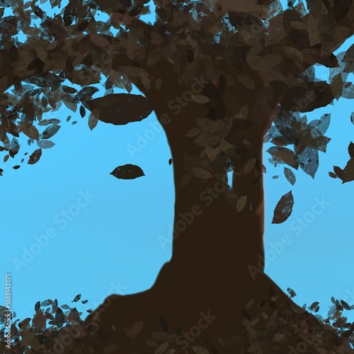 Autumn tree with falling leaves on a blue day