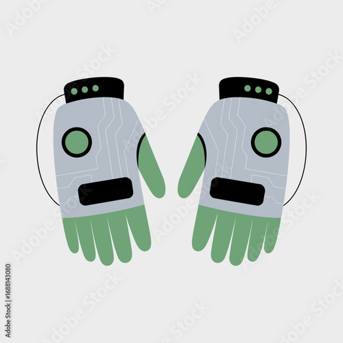 These futuristic gloves feature an innovative design with tech elements and a vibrant green color scheme, serving as a representation of advanced technology in human interaction.