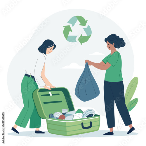Vector art of two women packing a suitcase with recyclable materials for a sustainable travel, ecofriendly tourism concept