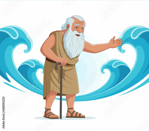 This image captures a wise old man gesturing towards flowing water waves, inviting contemplation and embodying the connection between wisdom and the natural flow of life.
