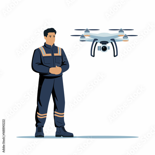 This modern image features a confident drone operator standing next to a high-tech drone, highlighting the evolution of technology and its impact on various industries.
