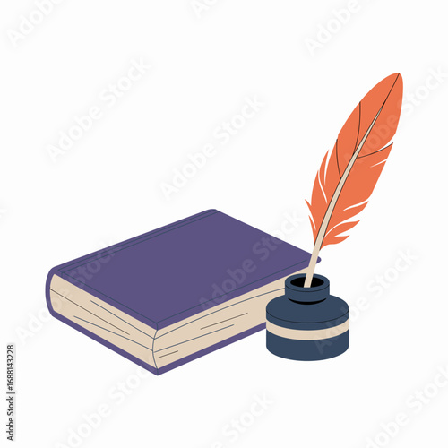 This image features a vintage-style book alongside a classic ink quill and inkwell, symbolizing creativity, literature, and artistic expression through writing.