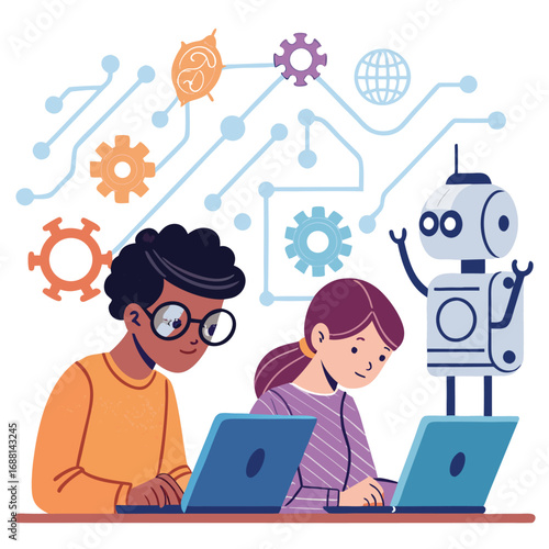 Vector art of two children are learning about artificial intelligence and robotics, working on laptops with a friendly robot assistant