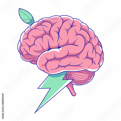 A striking brain design with a lightning bolt and leaf, representing vitality and creativity, highlighting the relationship between nature and human intellect in a playful manner.