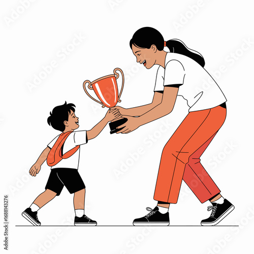 A child happily receives a trophy from a parent, symbolizing achievement and celebration. The moment captures the joy of accomplishment and the bond between parent and child.