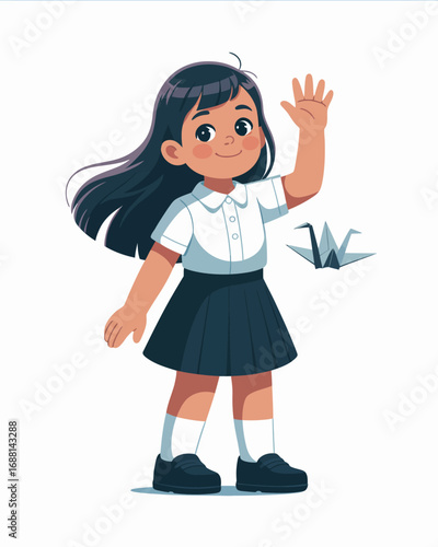 A cheerful schoolgirl in a uniform waving hello, paired with a delicate paper crane, capturing innocence, creativity, and the joy of childhood in a simplistic design.