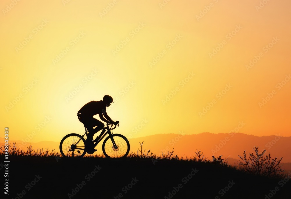 Obraz premium Silhouette of a cyclist riding at sunset. Perfect for healthy lifestyle, travel, and adventure branding. Ideal for ads, social media, and website design.