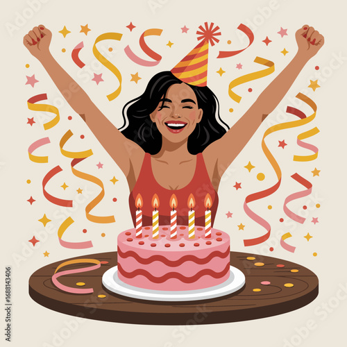A joyful image depicting a woman celebrating her birthday with raised arms, surrounded by festive decorations and a beautifully decorated cake with candles, embodying happiness.