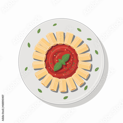 An appetizing plate of rigatoni pasta elegantly arranged around a rich tomato sauce, garnished with basil leaves, showcasing a delicious and inviting Italian meal.