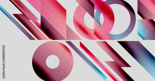 Abstract composition featuring colorful geometric shapes, overlapping circles, lines. Modern design, vibrant hues, dynamic arrangement.