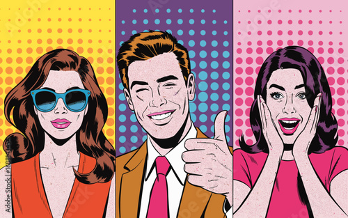 This vibrant pop art piece features three expressive portraits, showcasing diverse emotions through bold colors and a playful comic-style design that captivates the viewer.
