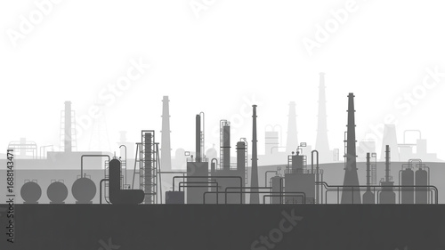 A minimalist industrial landscape illustration in grayscale. The image shows a detailed silhouette of an oil refinery and petrochemical plant against a white background
