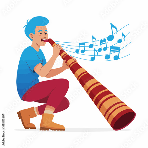 In this colorful depiction, a joyous boy playfully engages with a didgeridoo, surrounded by musical notes, symbolizing the essence of creativity and youthful enthusiasm.