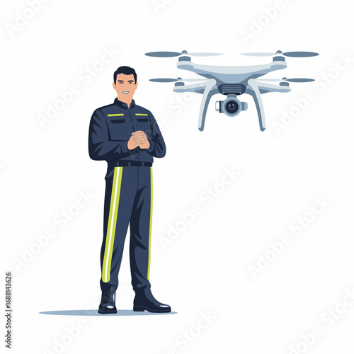 The image portrays a confident drone pilot standing beside a high-tech drone, illustrating the blend of human skill and modern technology in aerial photography and videography.